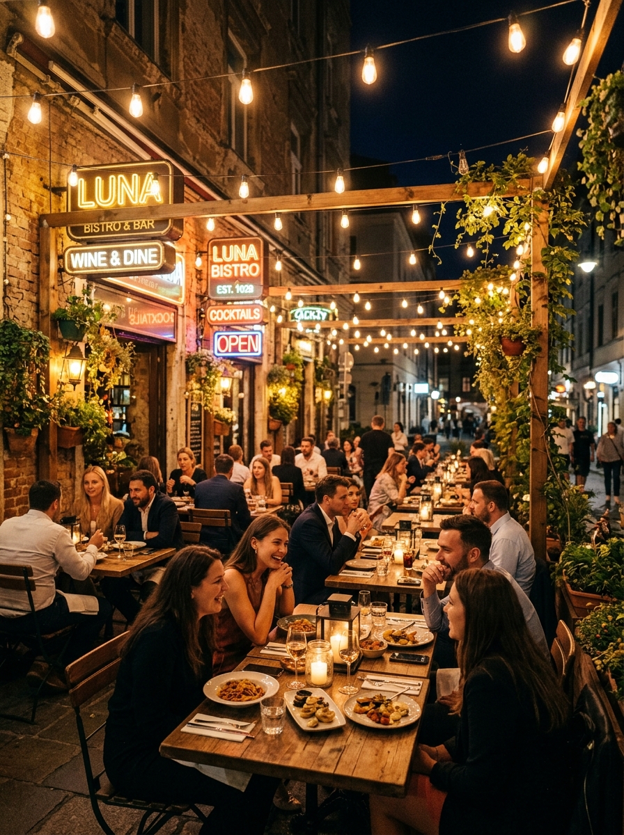 Night terrace dining atmosphere