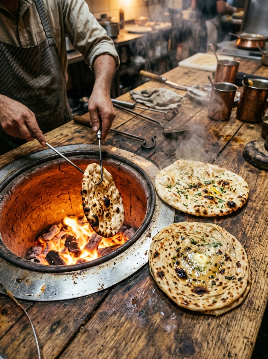 Baking fresh naan in tandoor