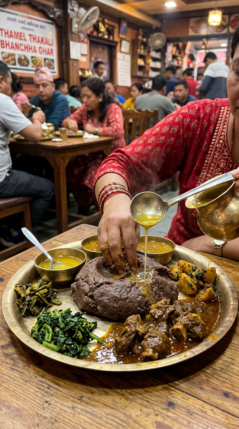 Authentic Nepali Dhido and Thali feast with ghee