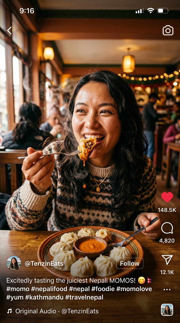 Tasting juicy steamed Nepali momos