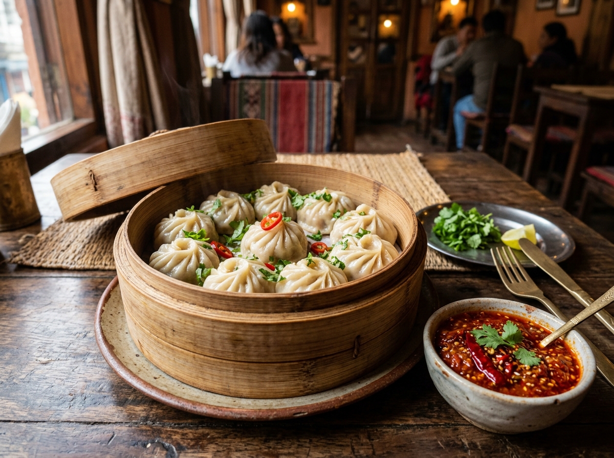 Steamed Nepali momos with dipping achar